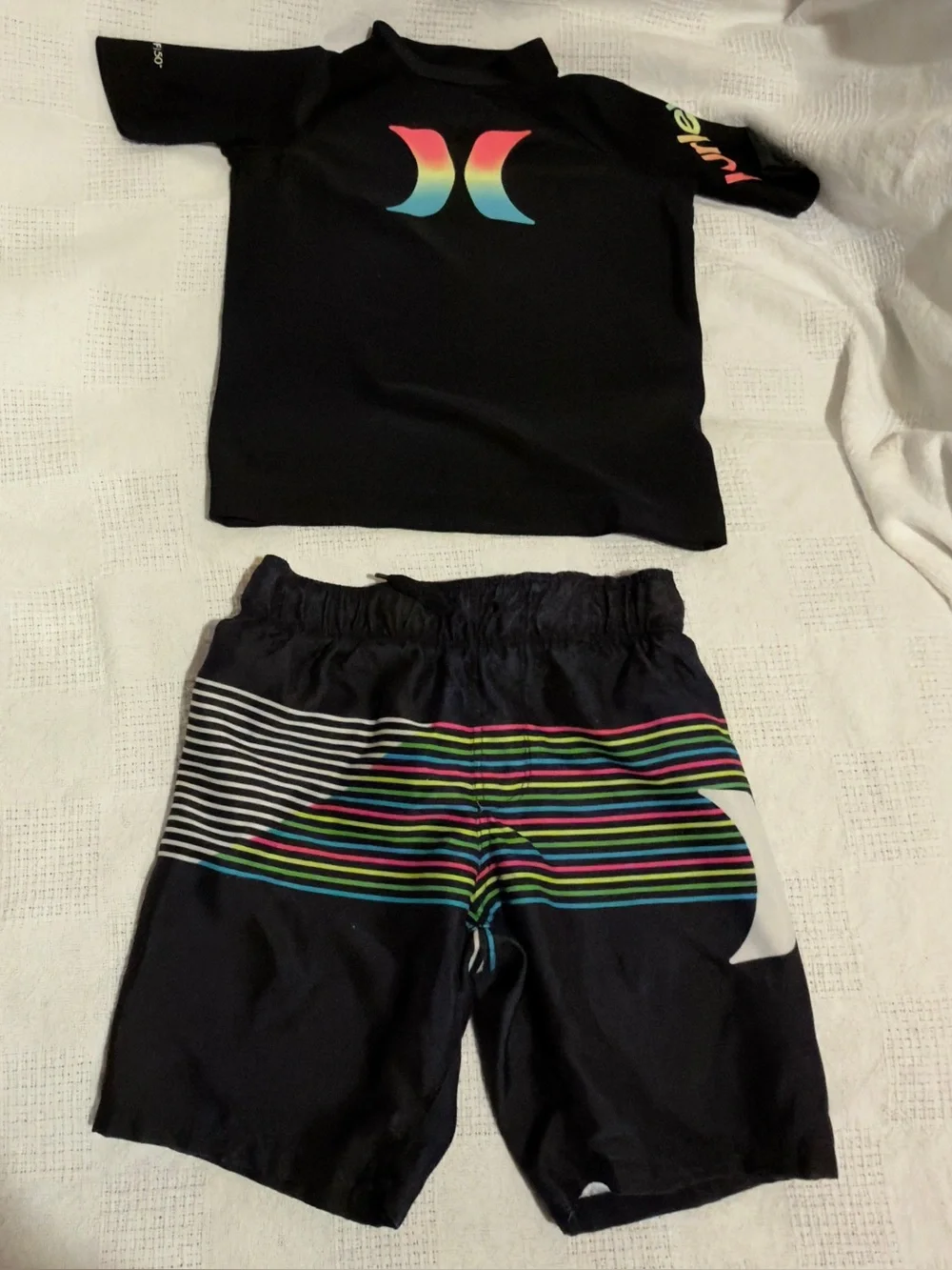Hurley Boys Size 5 Rashguard Set with Rainbow Logo and Striped Swim Shorts